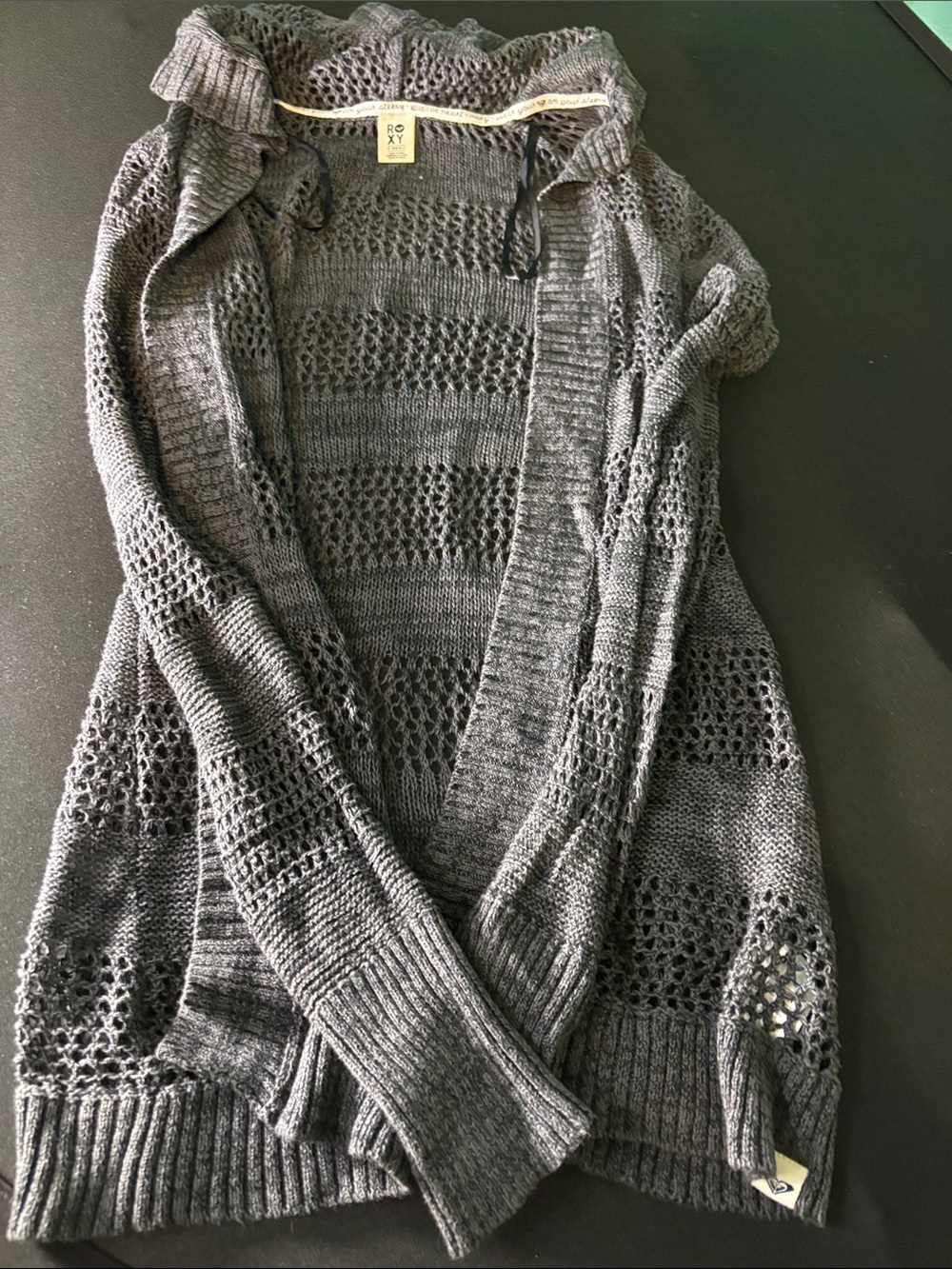 Roxy Open-Knit Hooded Cardigan Sweater - Gray Size xs